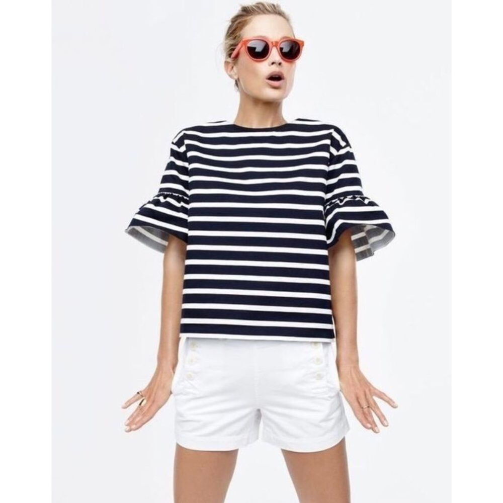 J. Crew Ruffle Sleeve Top Black & Ivory Stripe L